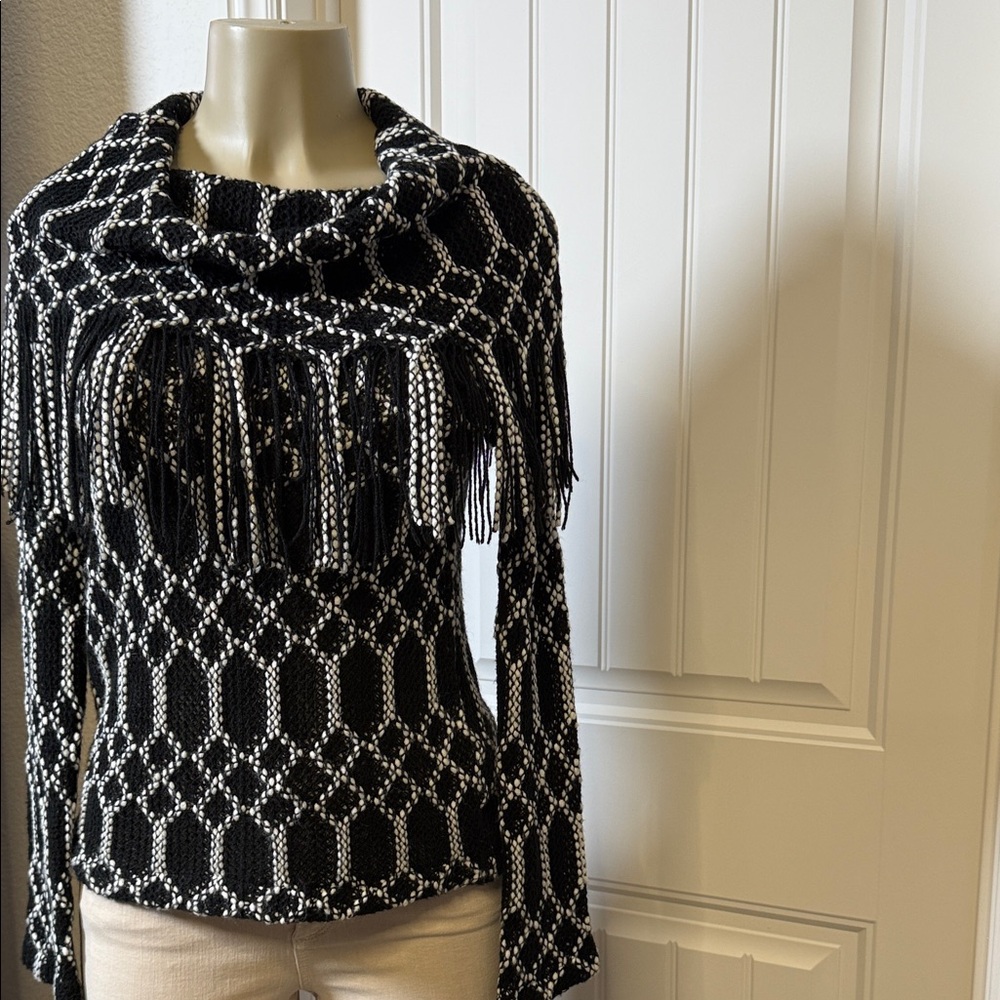 Charming Charlie XS Black/White‎ Fringe Cowl Knit Sweater,Boho Western Geometric